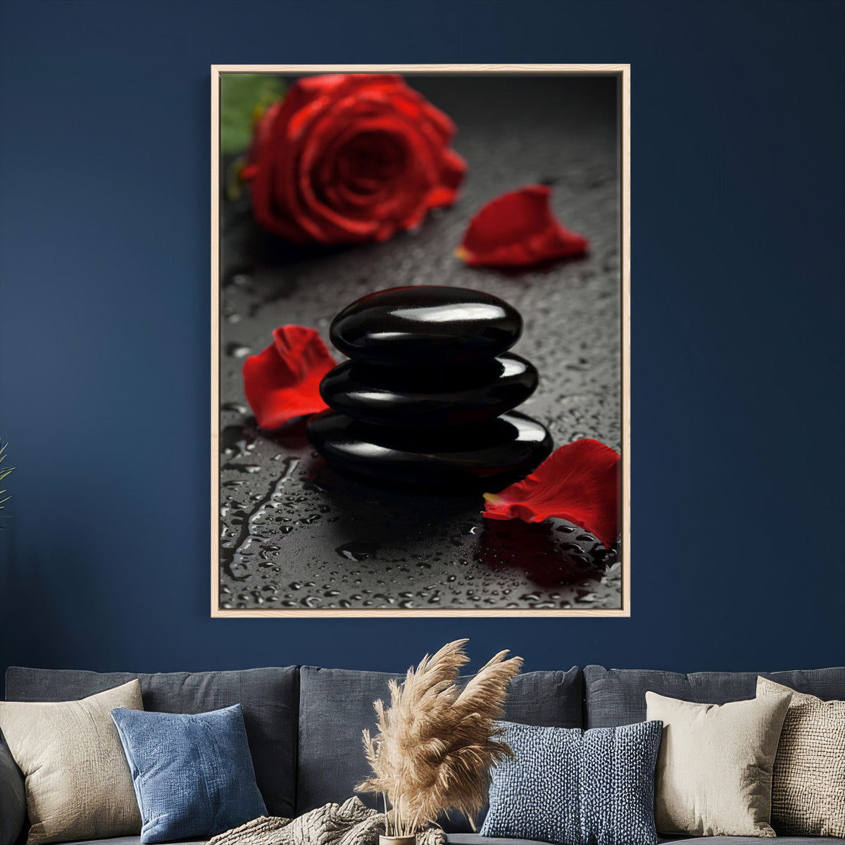 Black Lava Stone Rose Canvas | Red Rose Spa Photography