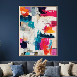 Blue Teal Abstract Canvas Wall Art, Modern Textured Painting Print, Navy Orange White Contemporary Art, Neutral Living Room Decor, Office Art