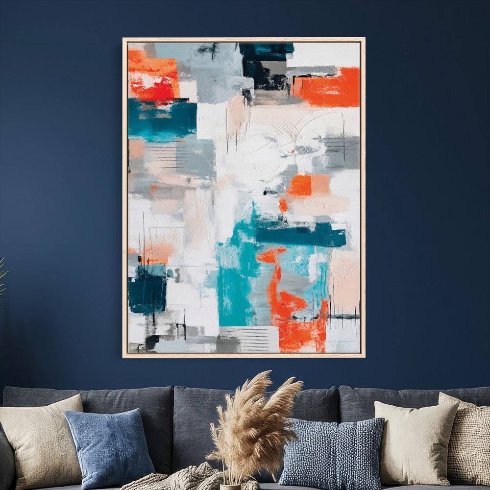 Blue Teal Abstract Canvas Wall Art, Modern Textured Painting Print, Navy Orange White Contemporary Art, Neutral Living Room Decor, Office Art
