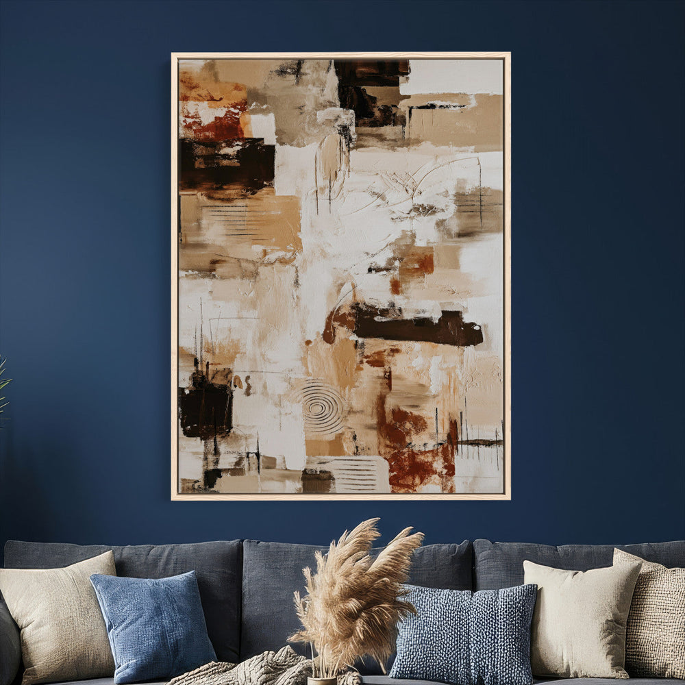 Blue Teal Abstract Canvas Wall Art, Modern Textured Painting Print, Navy Orange White Contemporary Art, Neutral Living Room Decor, Office Art