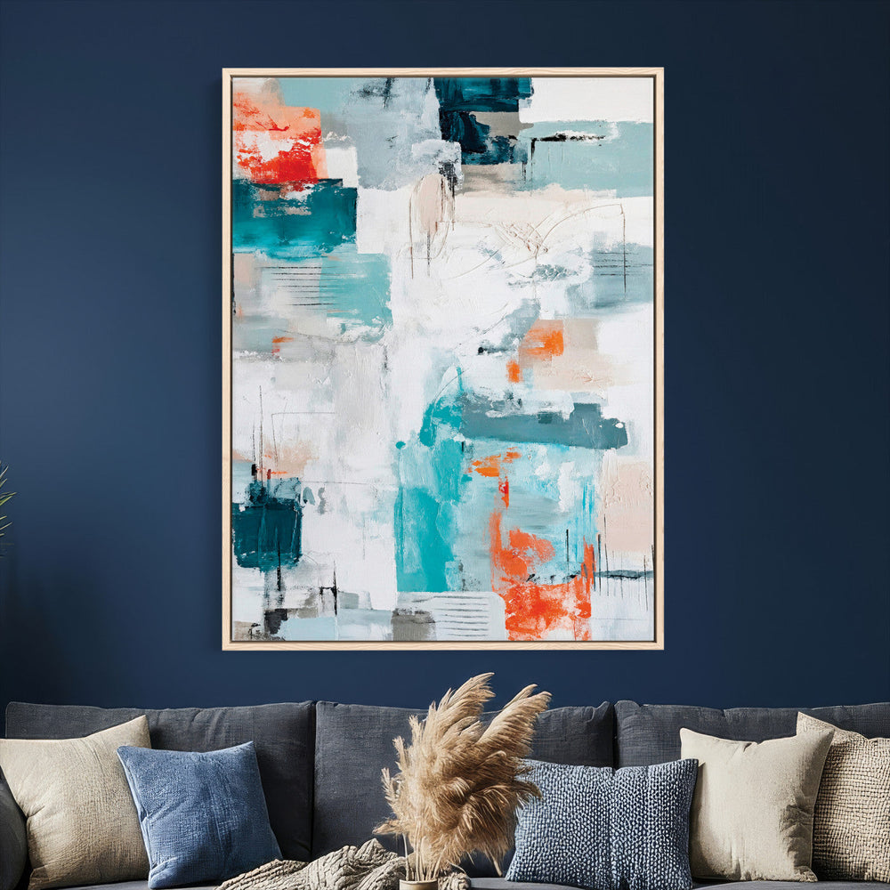 Blue Teal Abstract Canvas Wall Art, Modern Textured Painting Print, Navy Orange White Contemporary Art, Neutral Living Room Decor, Office Art