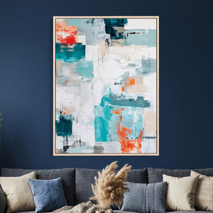 Blue Teal Abstract Canvas Wall Art, Modern Textured Painting Print, Navy Orange White Contemporary Art, Neutral Living Room Decor, Office Art