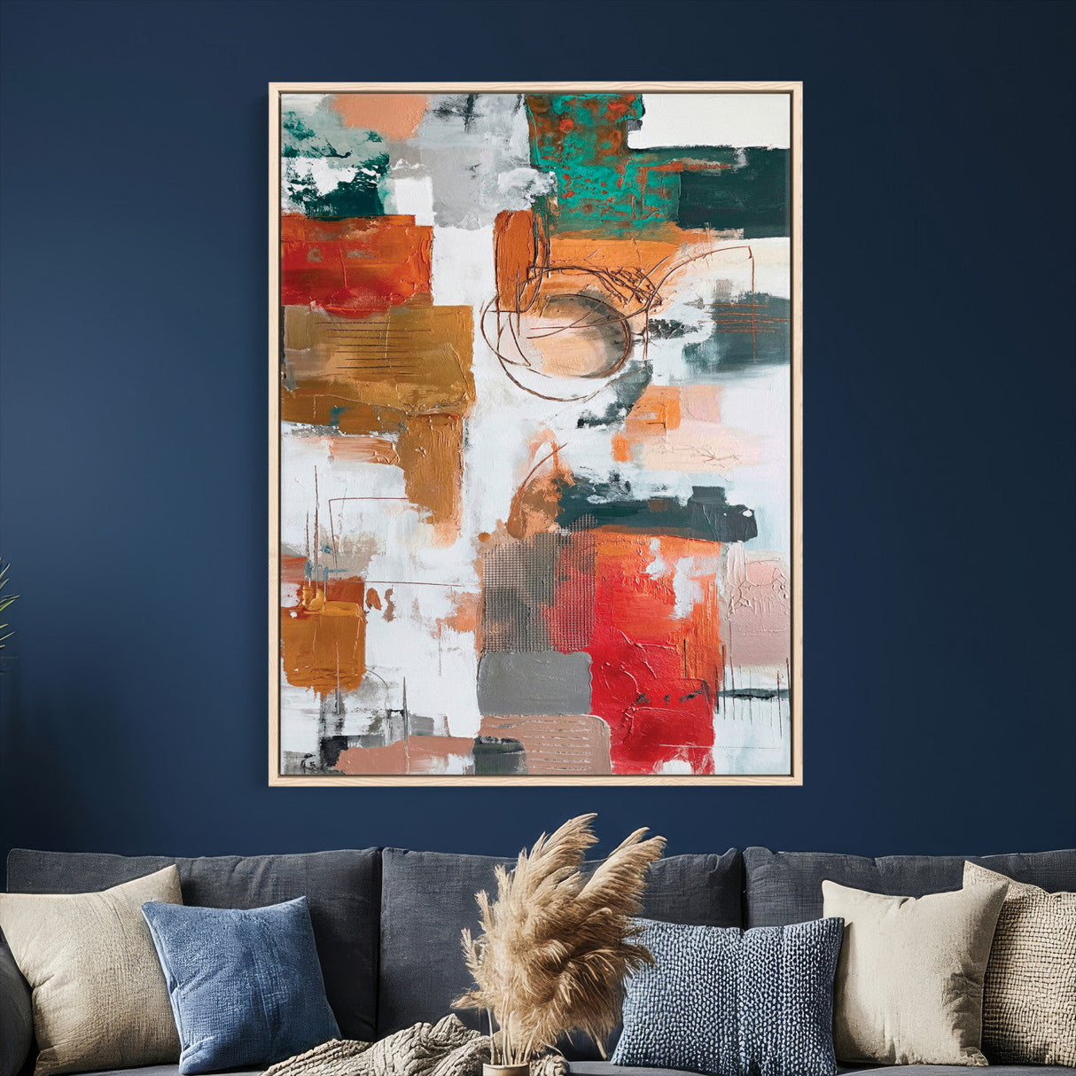 Blue Teal Abstract Canvas Wall Art, Modern Textured Painting Print, Navy Orange White Contemporary Art, Neutral Living Room Decor, Office Art