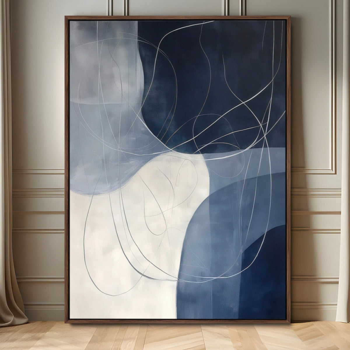 Navy Abstract Wall Art Canvas Print – Framed Minimal Lineart