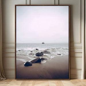 Moody Seascape Wall Art Canvas Print – Framed Neutral Foggy