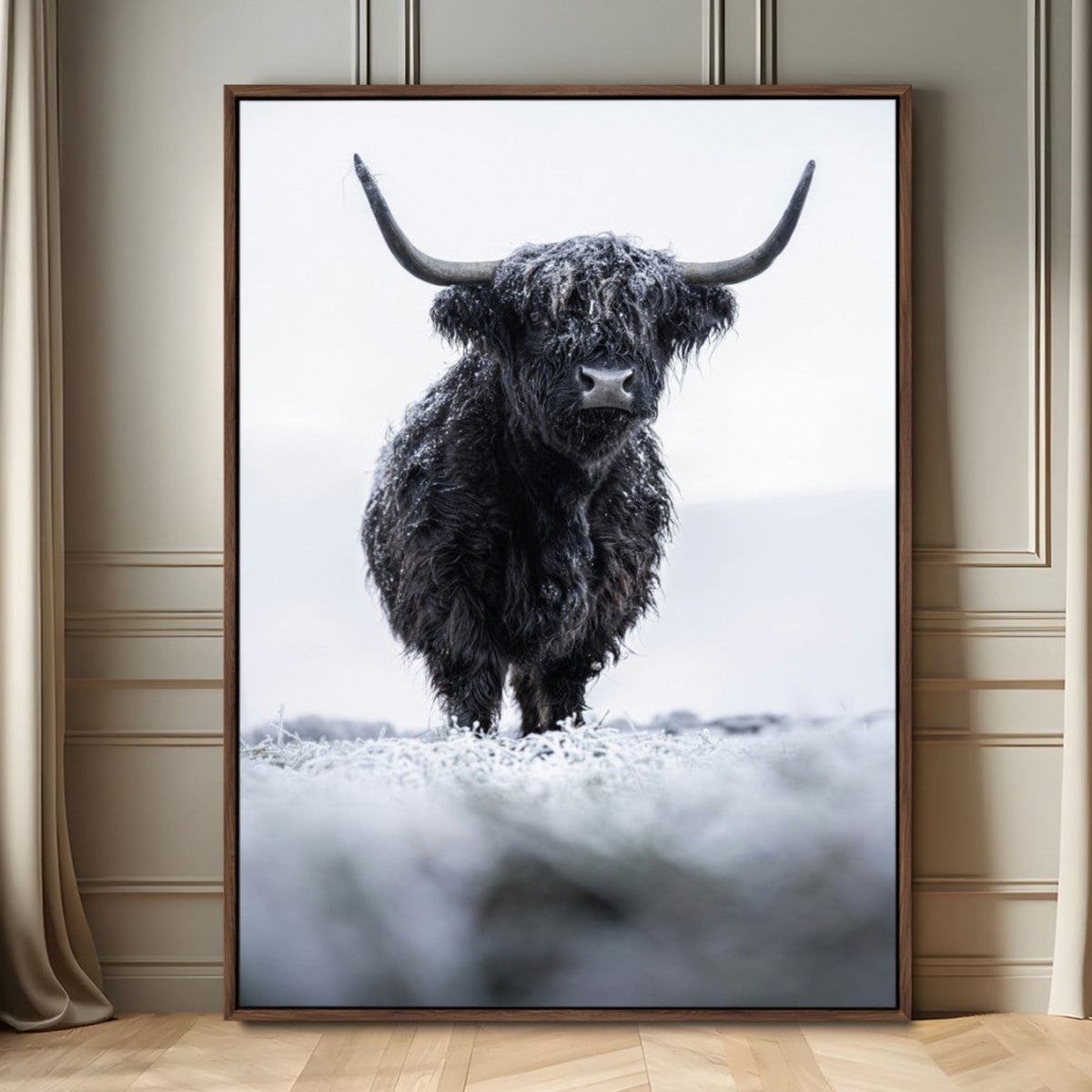 Frosty Black Highland Wall Art Canvas Print – Framed Moody