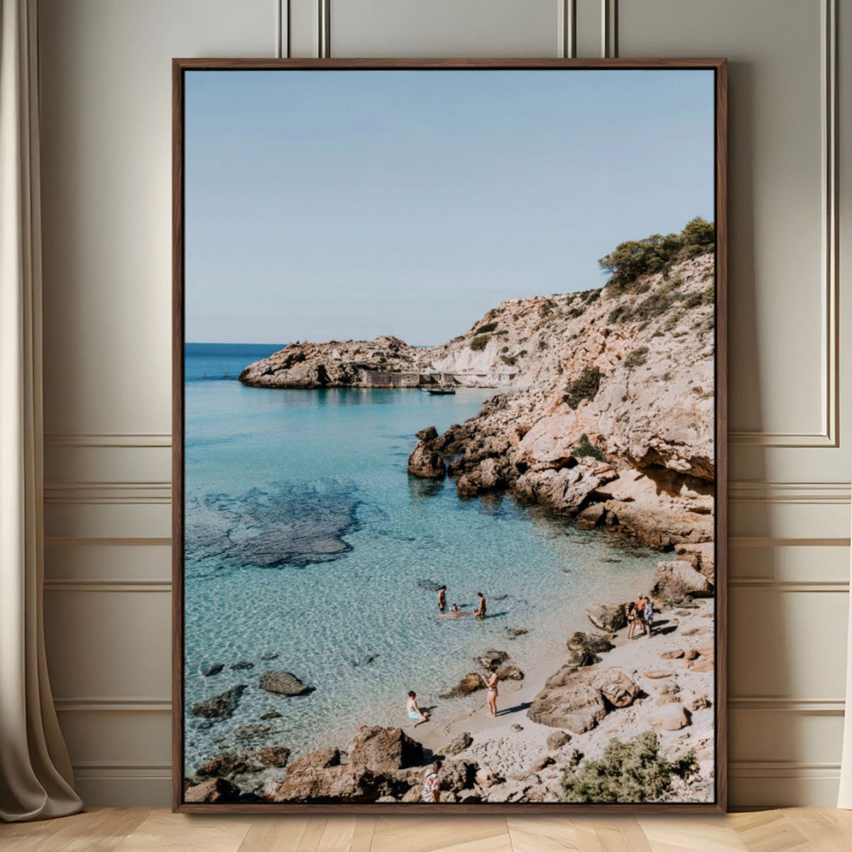 Clear Blue Water Beach Wall Art – Framed Rocky Cove Canvas