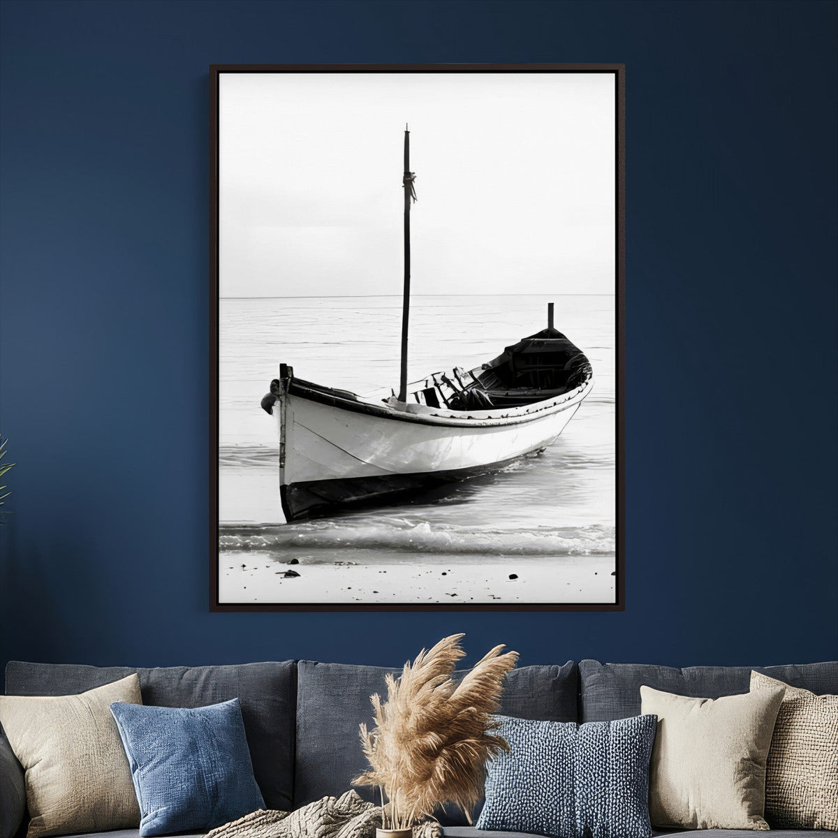 Minimal Boat Wall Art Canvas Print – Black and White Coastal