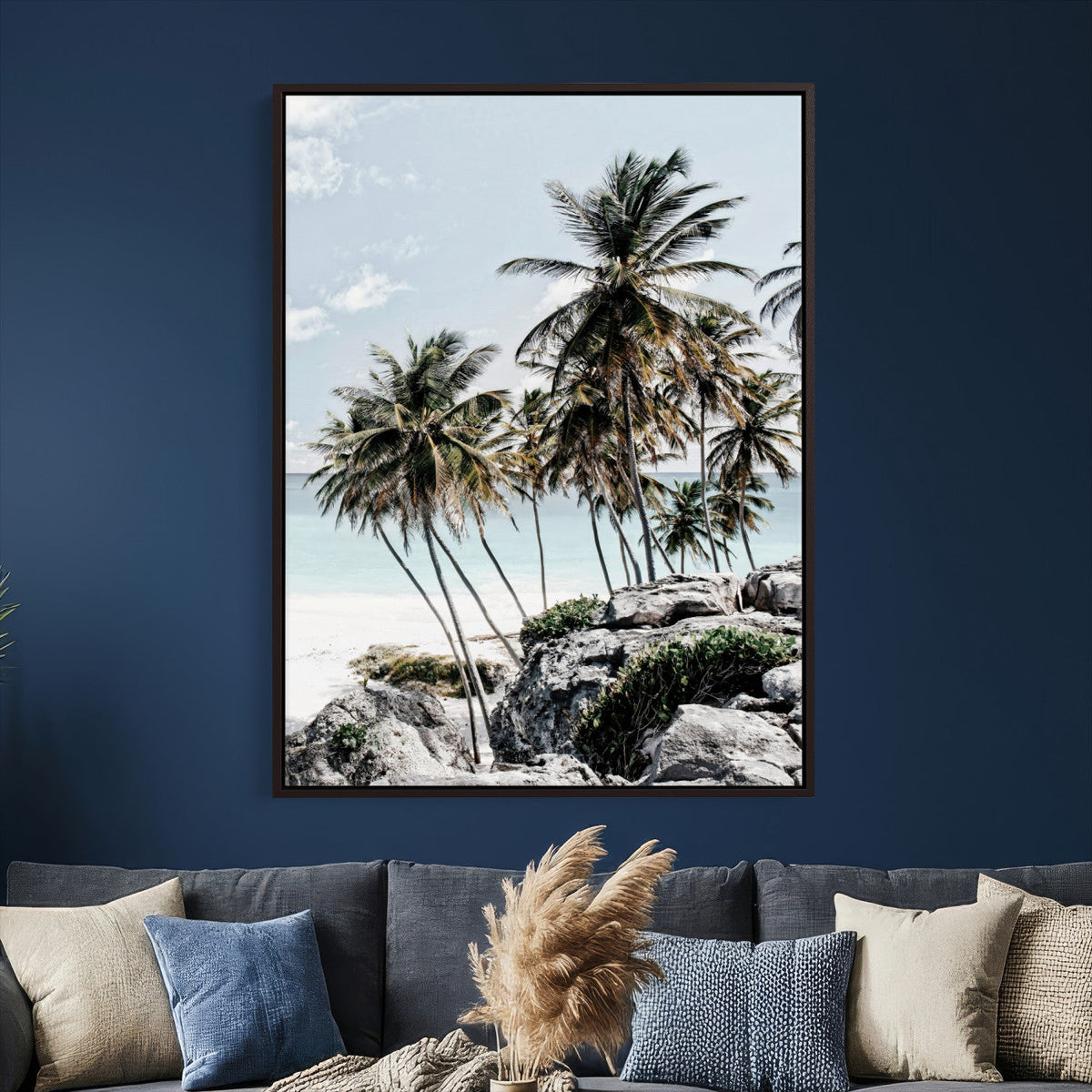 Tropical Trees Beach Wall Art Canvas Print, Coastal Ocean