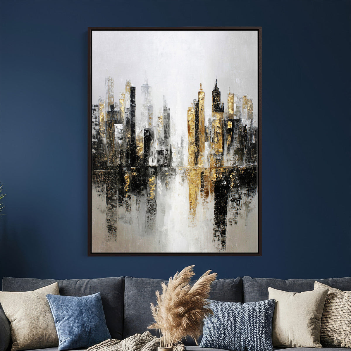 Abstract New York Wall Art Canvas Print, Gold Black Modern
