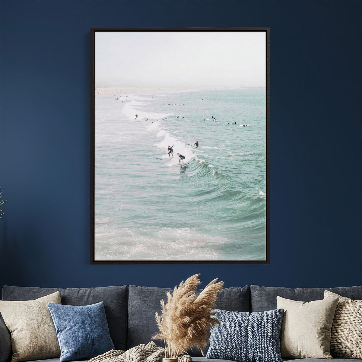 Surfers on Waves Canvas Wall Art, Aerial Ocean Photography