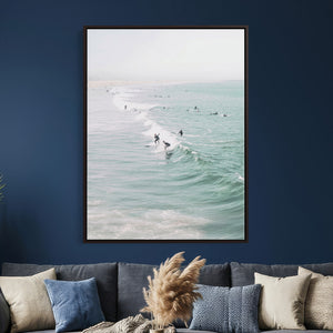 Surfers on Waves Canvas Wall Art, Aerial Ocean Photography