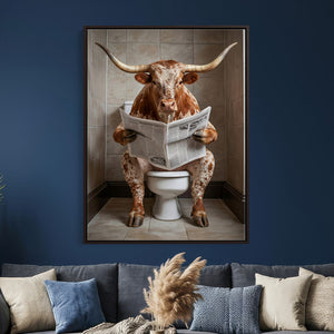 Funny Bathroom Canvas Wall Art, Texas Longhorn on Toilet