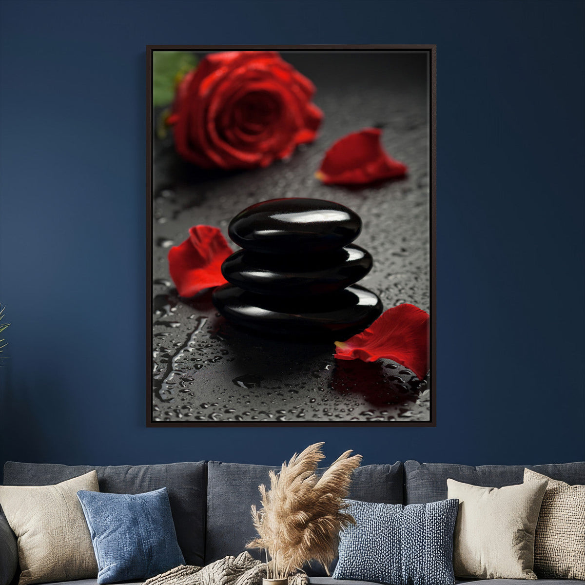 Black Lava Stone Rose Canvas | Red Rose Spa Photography