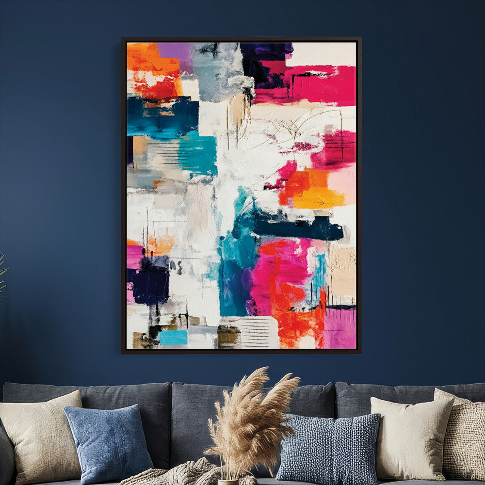 Blue Teal Abstract Canvas Wall Art, Modern Textured Painting Print, Navy Orange White Contemporary Art, Neutral Living Room Decor, Office Art