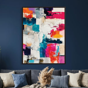 Blue Teal Abstract Canvas Wall Art, Modern Textured Painting Print, Navy Orange White Contemporary Art, Neutral Living Room Decor, Office Art