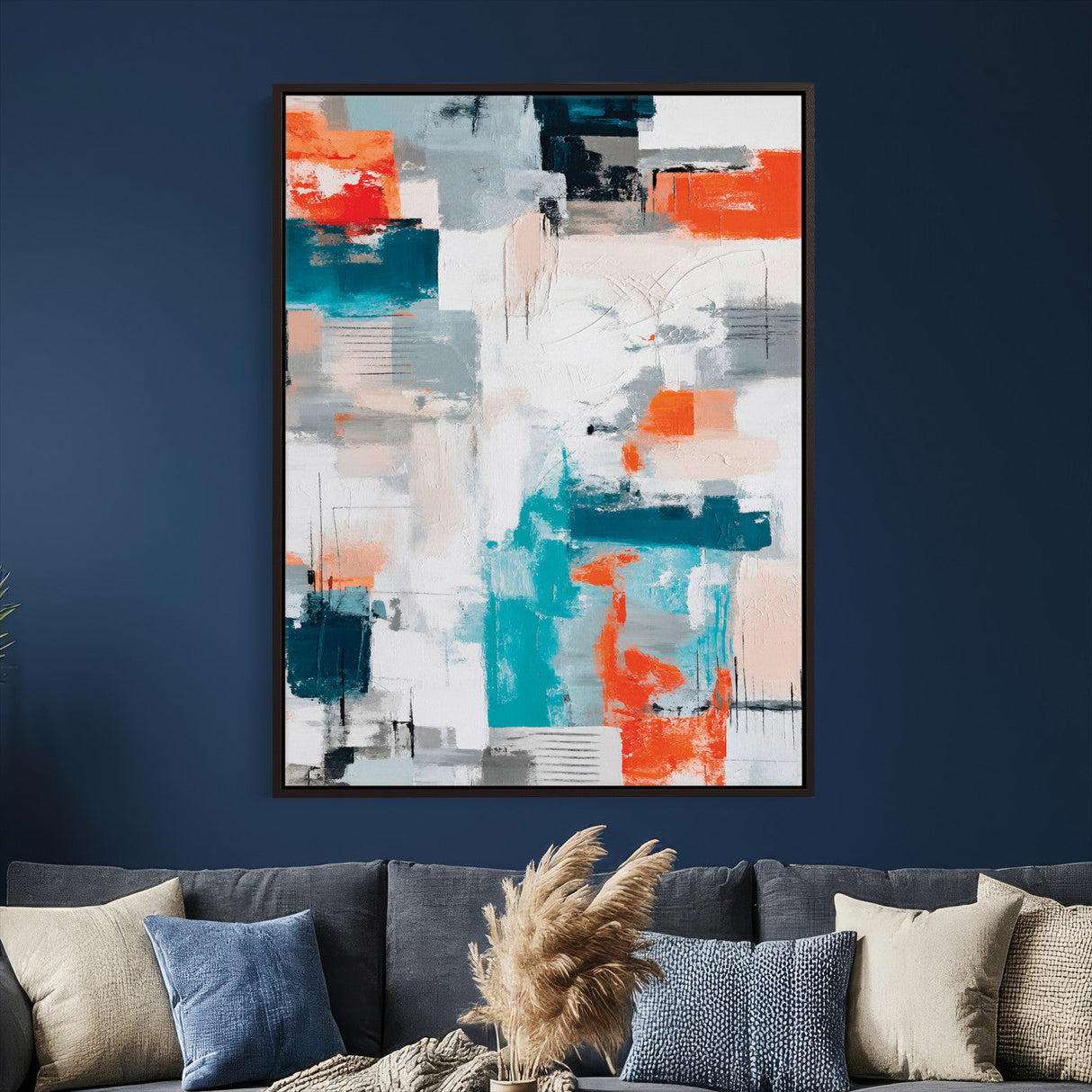 Blue Teal Abstract Canvas Wall Art, Modern Textured Painting Print, Navy Orange White Contemporary Art, Neutral Living Room Decor, Office Art