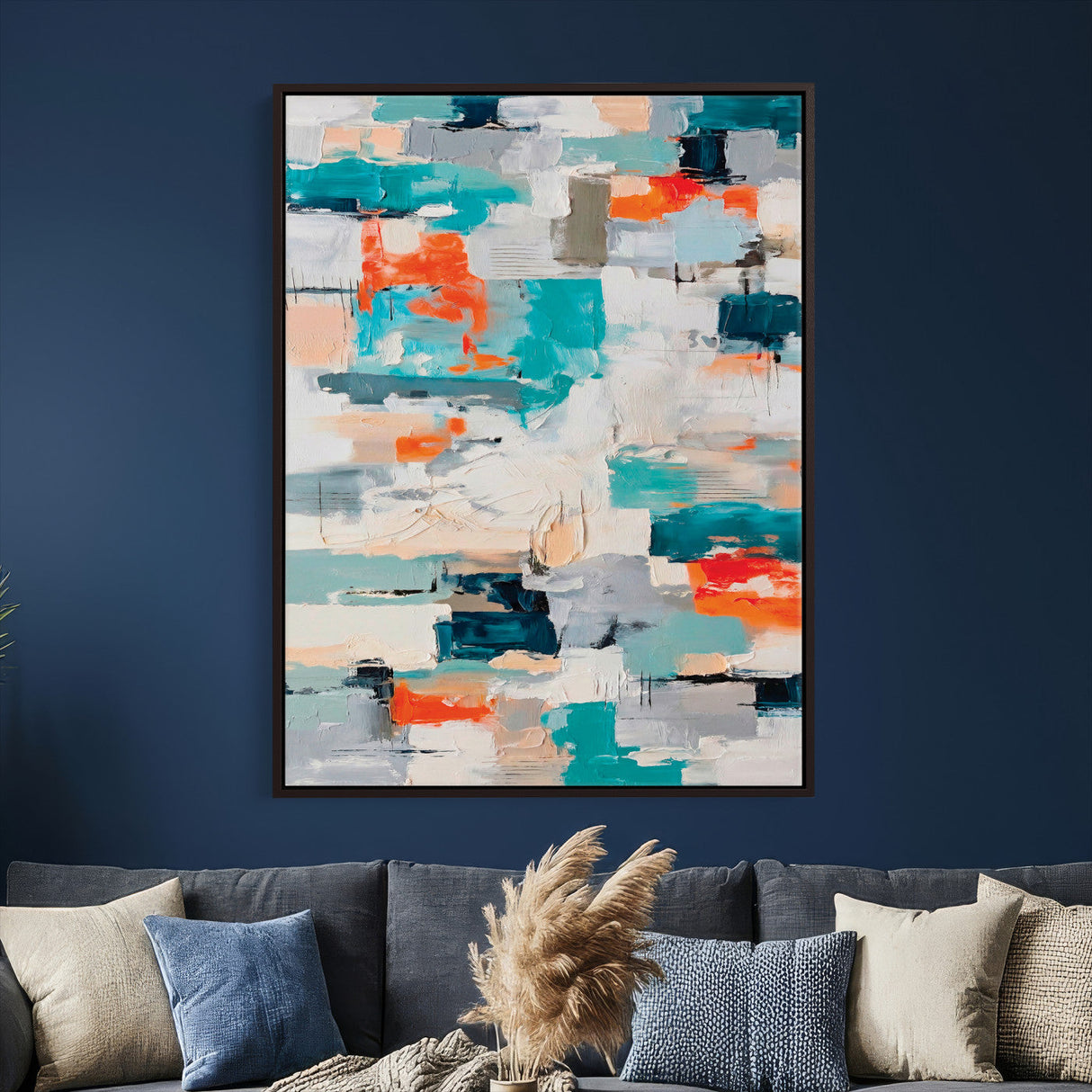 Blue Teal Abstract Canvas Wall Art, Modern Textured Painting Print, Navy Orange White Contemporary Art, Neutral Living Room Decor, Office Art