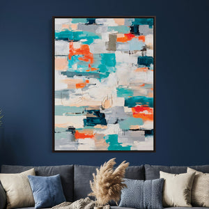 Blue Teal Abstract Canvas Wall Art, Modern Textured Painting Print, Navy Orange White Contemporary Art, Neutral Living Room Decor, Office Art