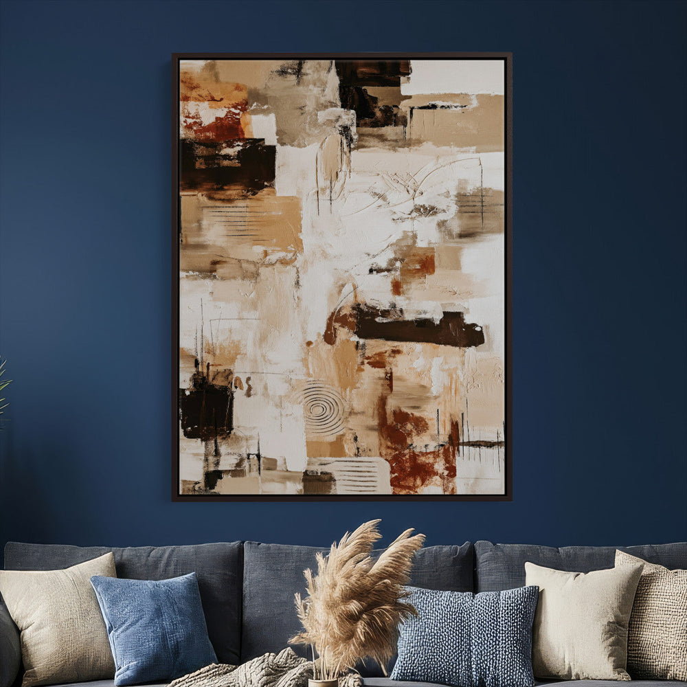 Blue Teal Abstract Canvas Wall Art, Modern Textured Painting Print, Navy Orange White Contemporary Art, Neutral Living Room Decor, Office Art