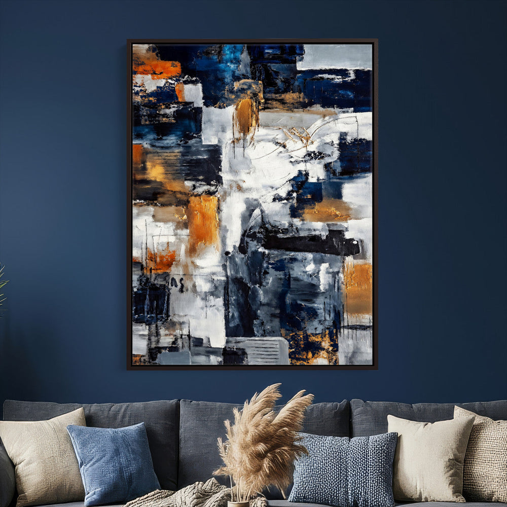 Blue Teal Abstract Canvas Wall Art, Modern Textured Painting Print, Navy Orange White Contemporary Art, Neutral Living Room Decor, Office Art