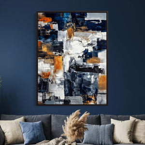 Blue Teal Abstract Canvas Wall Art, Modern Textured Painting Print, Navy Orange White Contemporary Art, Neutral Living Room Decor, Office Art