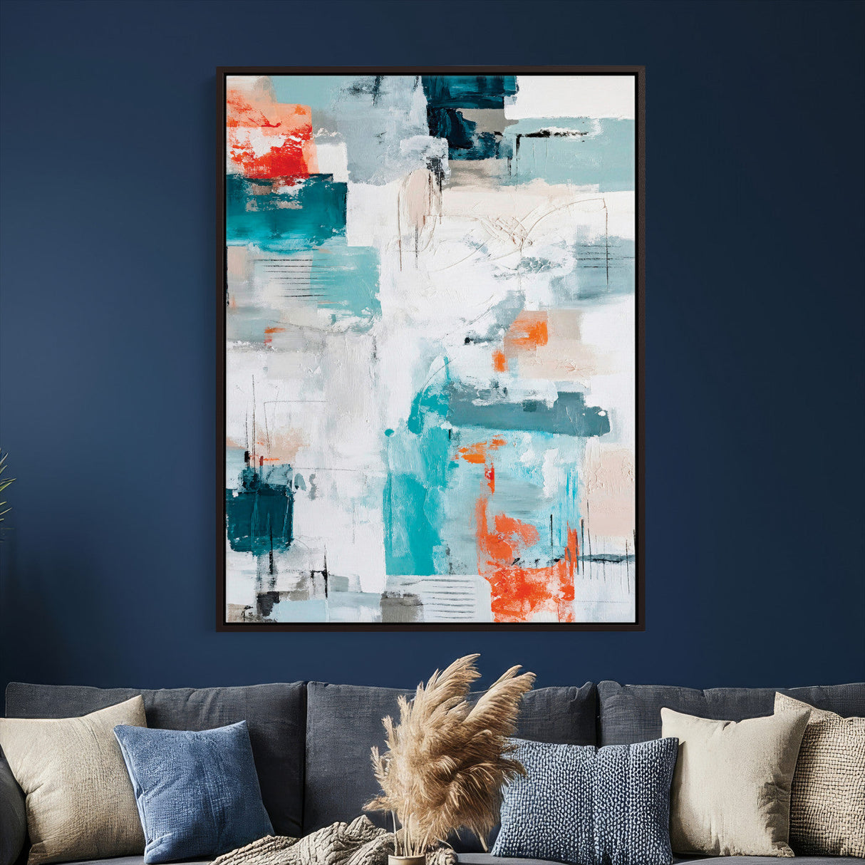 Blue Teal Abstract Canvas Wall Art, Modern Textured Painting Print, Navy Orange White Contemporary Art, Neutral Living Room Decor, Office Art