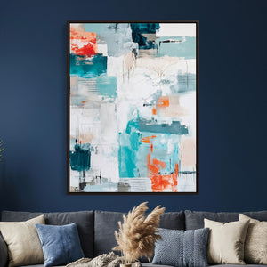 Blue Teal Abstract Canvas Wall Art, Modern Textured Painting Print, Navy Orange White Contemporary Art, Neutral Living Room Decor, Office Art
