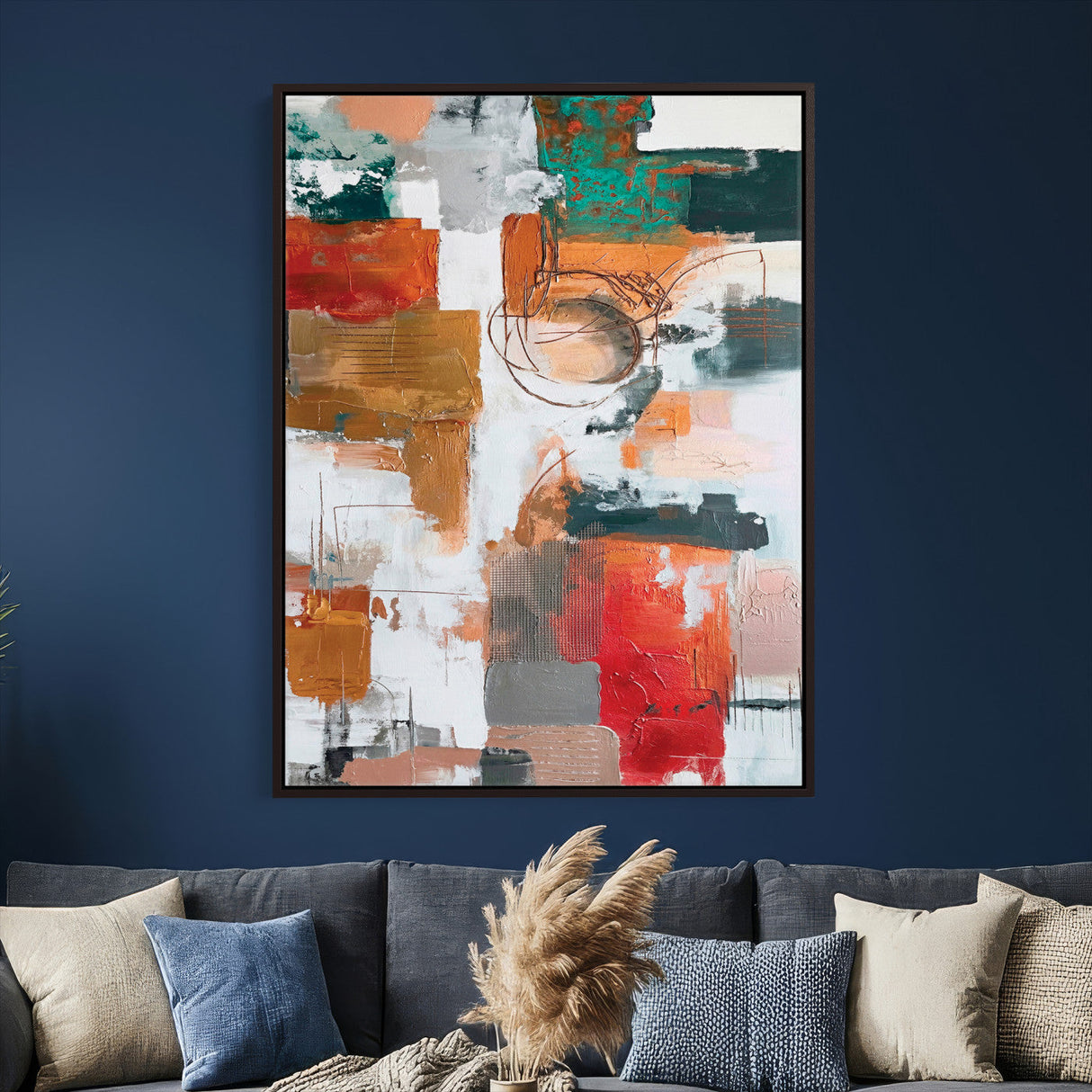 Blue Teal Abstract Canvas Wall Art, Modern Textured Painting Print, Navy Orange White Contemporary Art, Neutral Living Room Decor, Office Art