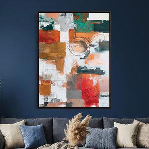 Blue Teal Abstract Canvas Wall Art, Modern Textured Painting Print, Navy Orange White Contemporary Art, Neutral Living Room Decor, Office Art