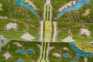 Custom Made Hand Knotted Jungle Life Peacock Green Runner Wool Rug