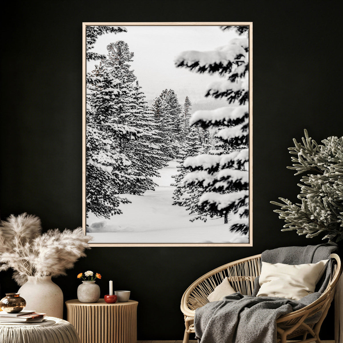 Winter Pine Forest Wall Art Canvas Print, Minimal Winter