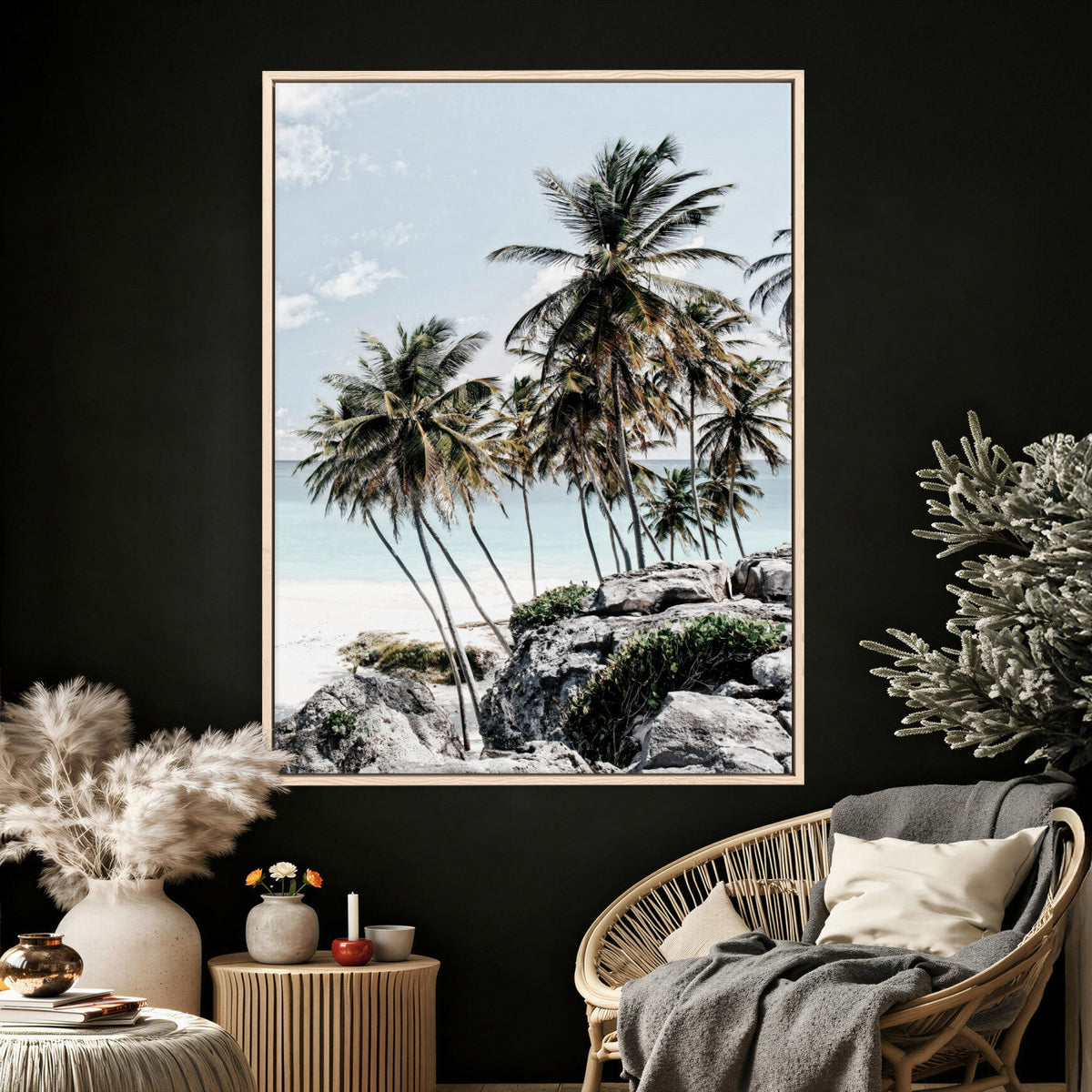 Tropical Trees Beach Wall Art Canvas Print, Coastal Ocean