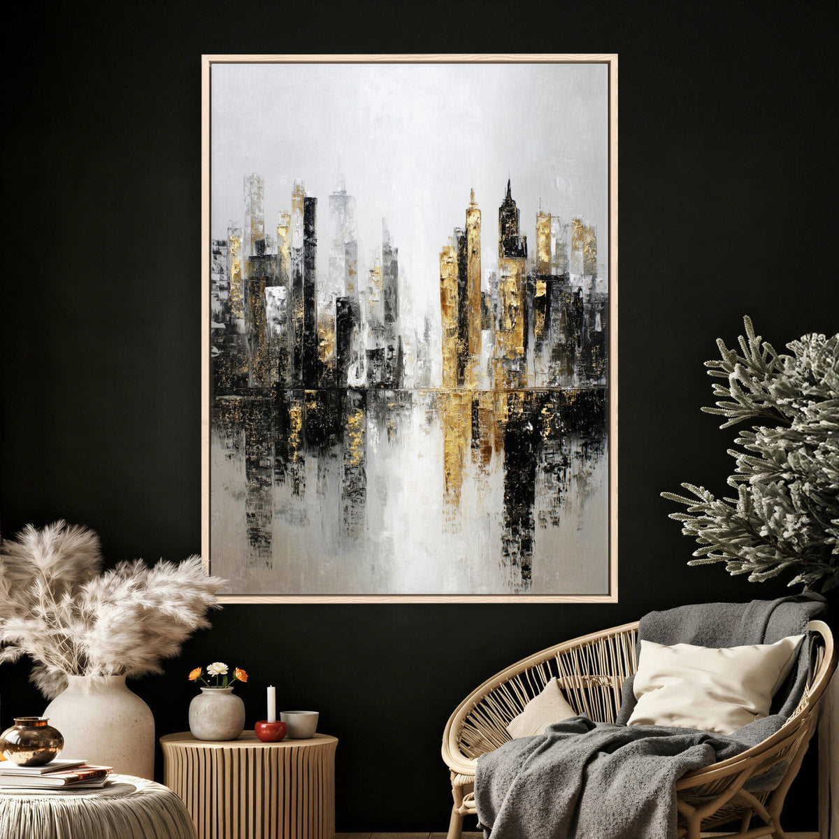 Abstract New York Wall Art Canvas Print, Gold Black Modern