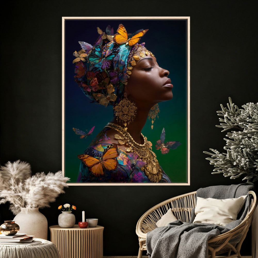 Butterfly Crown Gold Woman Portrait — Monarch Queen Canvas