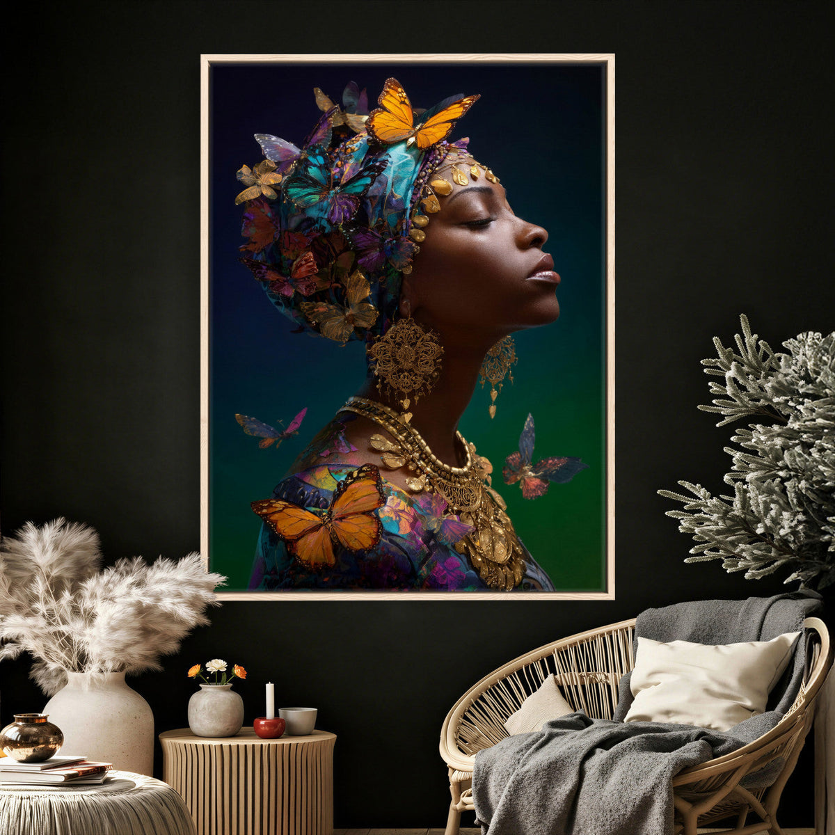 Butterfly Crown Gold Woman Portrait — Monarch Queen Canvas