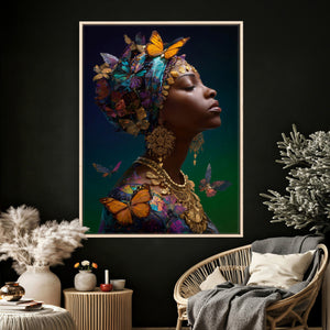 Butterfly Crown Gold Woman Portrait — Monarch Queen Canvas