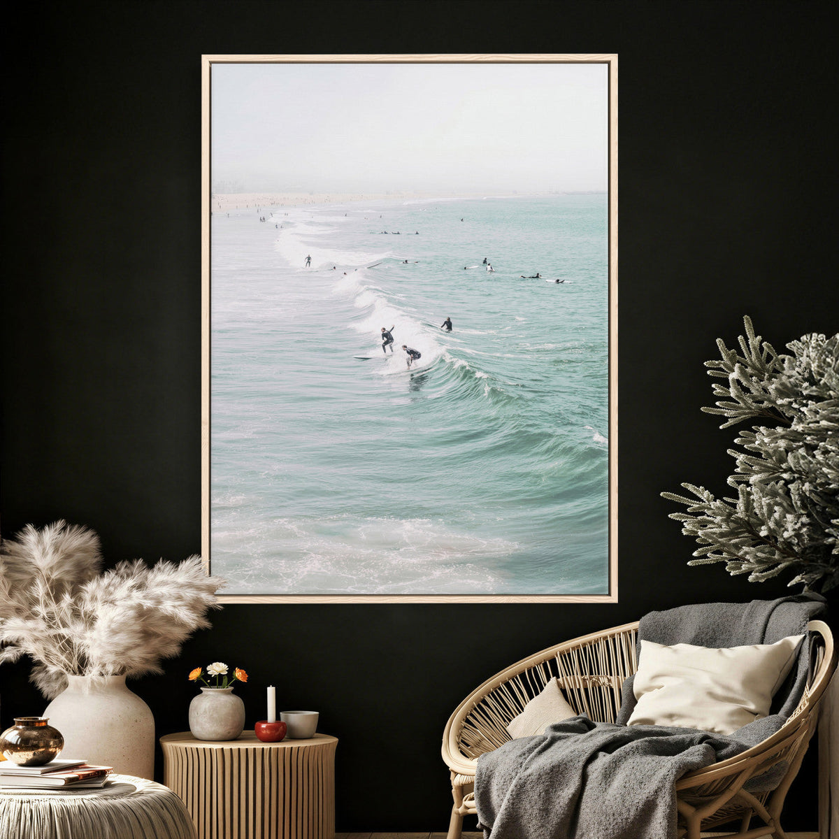 Surfers on Waves Canvas Wall Art, Aerial Ocean Photography