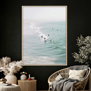 Surfers on Waves Canvas Wall Art, Aerial Ocean Photography