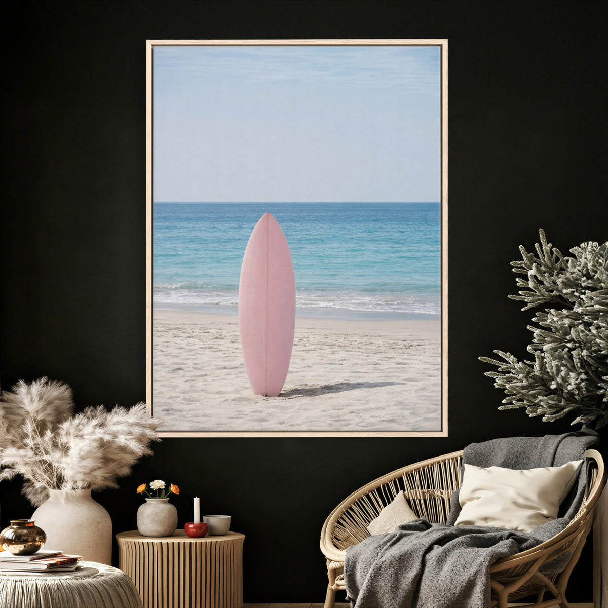 Pink Surfboard Canvas Wall Art, Minimalist Beach Photography