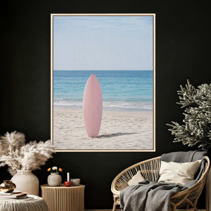 Pink Surfboard Canvas Wall Art, Minimalist Beach Photography