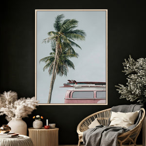 VW Van Palm Tree Canvas Wall Art, Pink Camper Surfboards