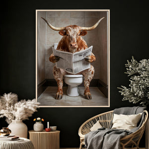 Funny Bathroom Canvas Wall Art, Texas Longhorn on Toilet
