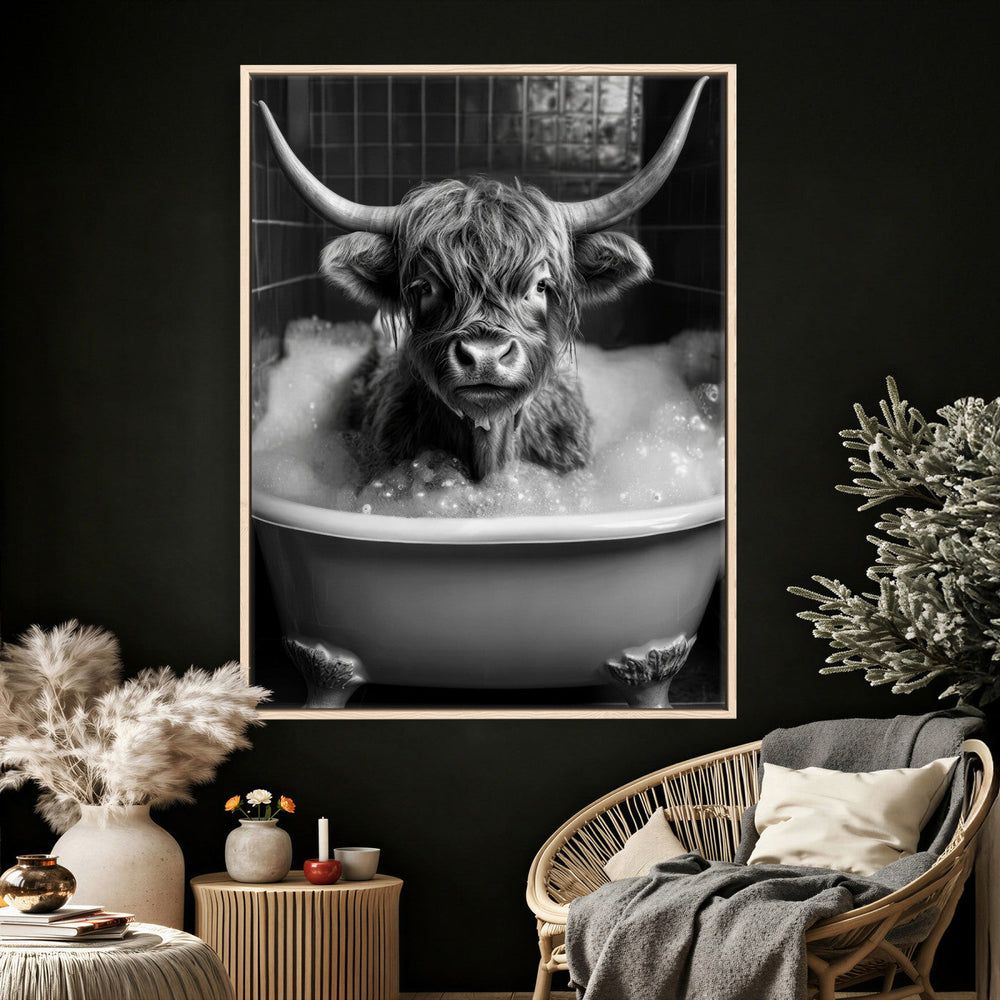 Highland Cow Bathtub Canvas Wall Art, Funny Bathroom Print