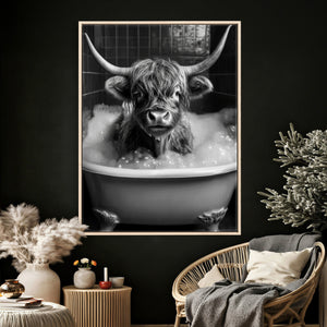 Highland Cow Bathtub Canvas Wall Art, Funny Bathroom Print