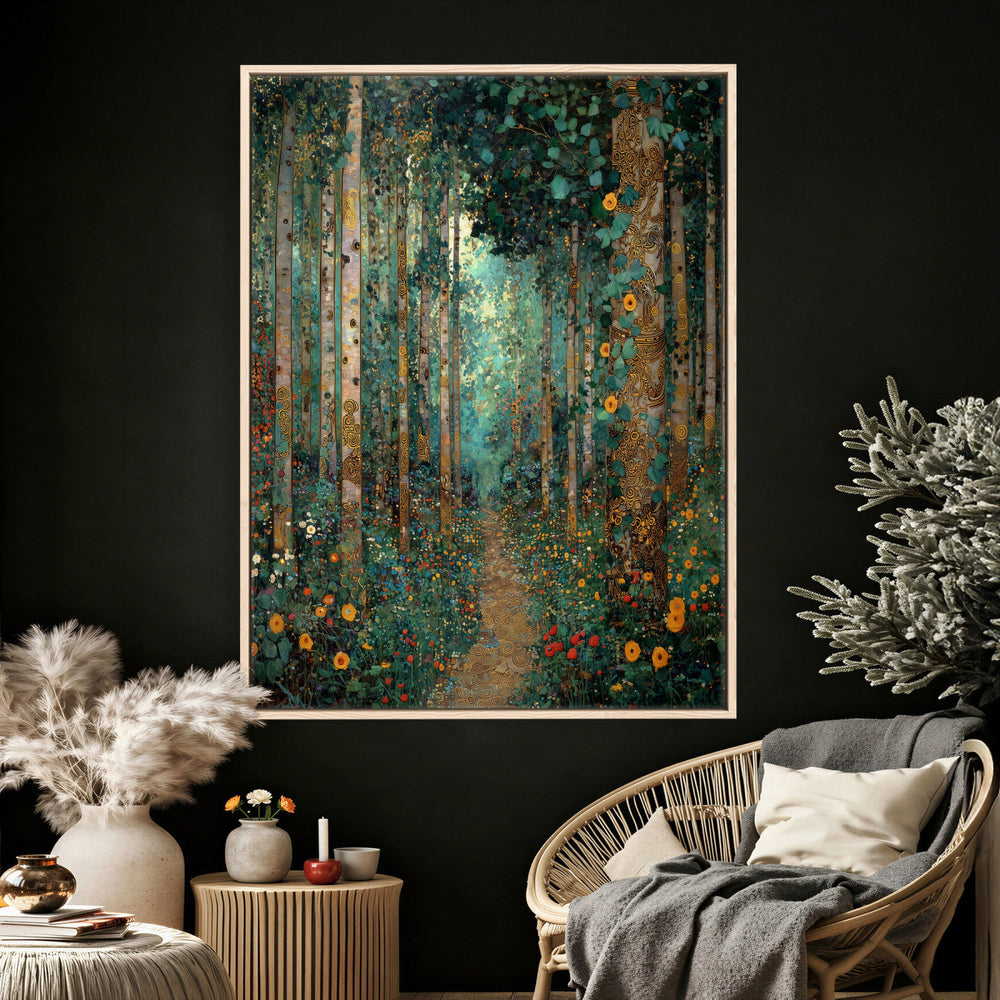 Gustav Klimt Style Forest Canvas Wall Art, Golden Forest