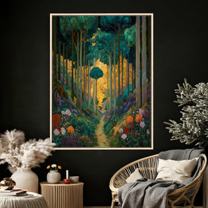 Gustav Klimt Style Forest Canvas Wall Art, Golden Forest