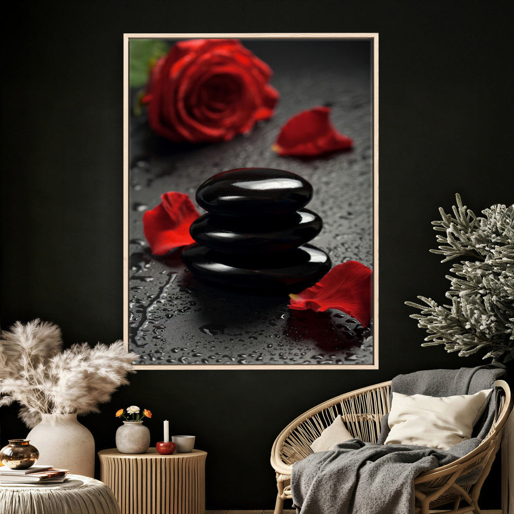 Black Lava Stone Rose Canvas | Red Rose Spa Photography