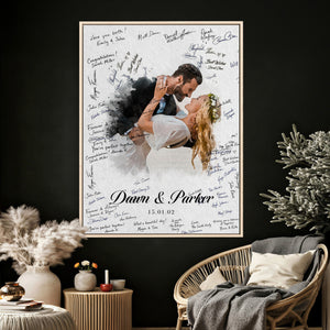 Wedding Guest Book Alternative Wall Art Canvas Print, Personalized Wedding Signature Poster, Custom Couple Photo Guestbook Canvas, Bridal Shower Reception Decor