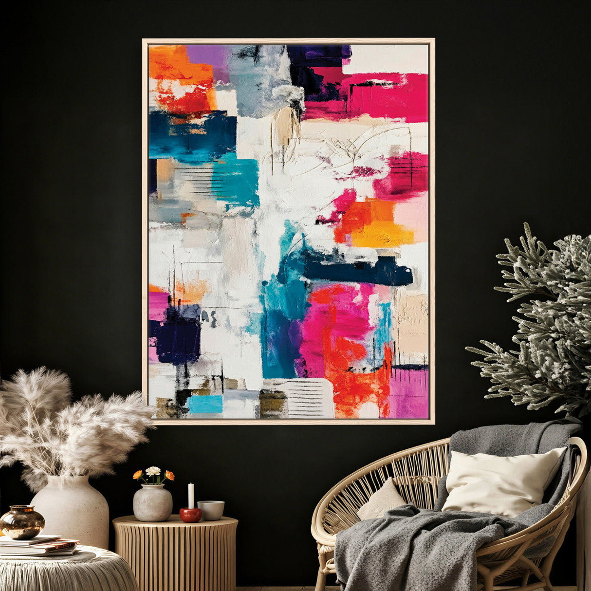 Blue Teal Abstract Canvas Wall Art, Modern Textured Painting Print, Navy Orange White Contemporary Art, Neutral Living Room Decor, Office Art